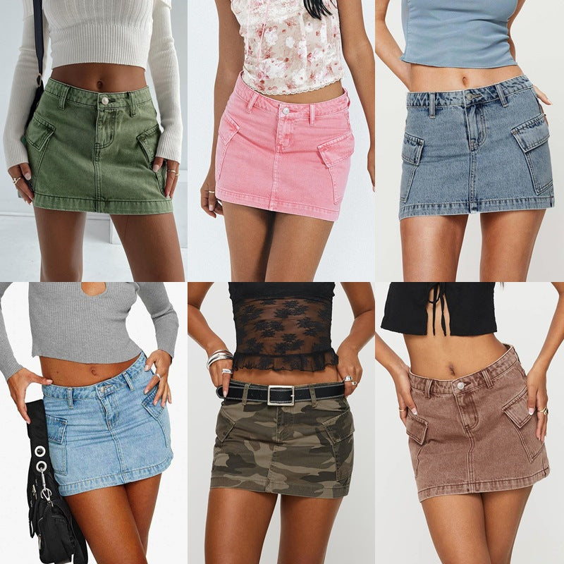 VAKKV Europe, America, cross-border 2025 trade 2025 spring and summer new Spice Girl tooling denim skirt women's clothing washed slim hip skirt