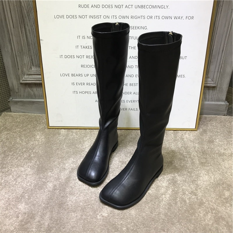 2025 South Korea Dongdaemun popular autumn and winter new square head retro flat bottom elastic high boots British style knight boots women's tide