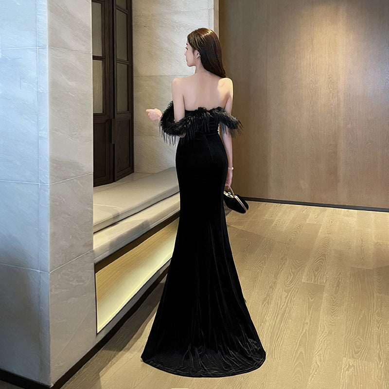 Fur Collar Sexy Tube Top Package Hip Mopping Floor Female Dress Elegant Backless Night Show Dress Car Model Annual Party Evening Dress