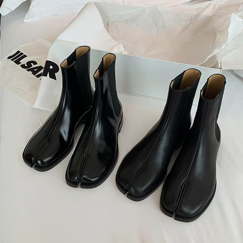 2025 Cowhide version~ Grape mother same shoes sub-toe short boots British style versatile medium tube thick heel elastic Chelsea boots women