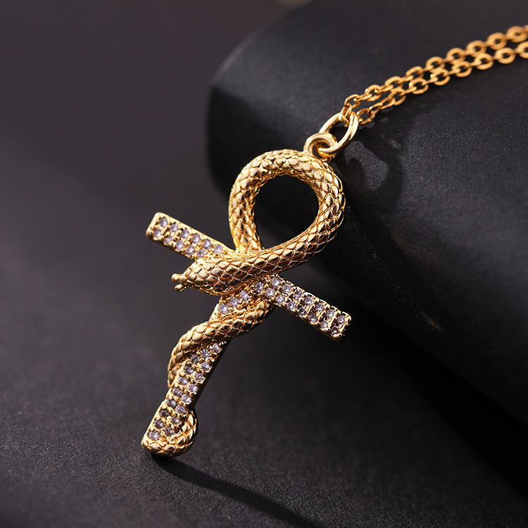 INS Vintage Gold Cross Necklace Personalized Pendant Zircon European and American Style Necklace Special-Interest Design Titanium Steel Clavicle Chain