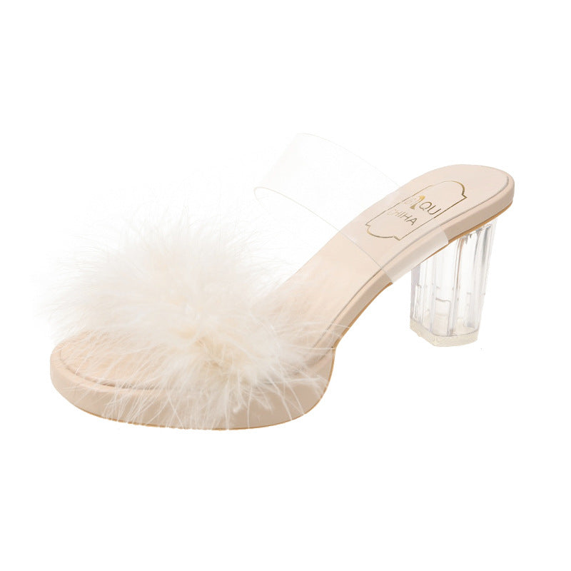 Fashion Fur Hyoma Women's Spring and Summer New Open Toe Square Toe Stiletto Heel Internet-Famous Outdoors High Heel Semi-Slipper Women