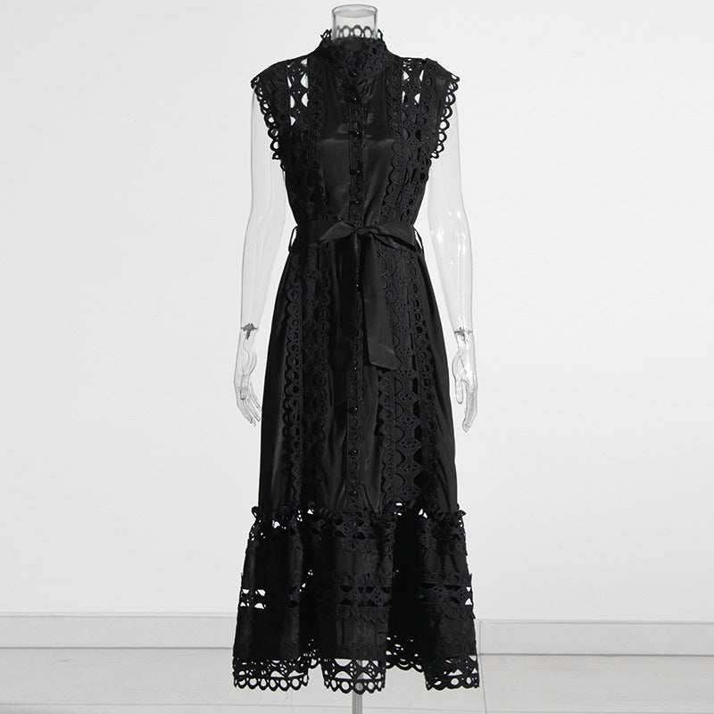 Style Retro Minority Design Spring round Neck Sleeveless Hollow out See-through Design Solid Color Long Dress Women's