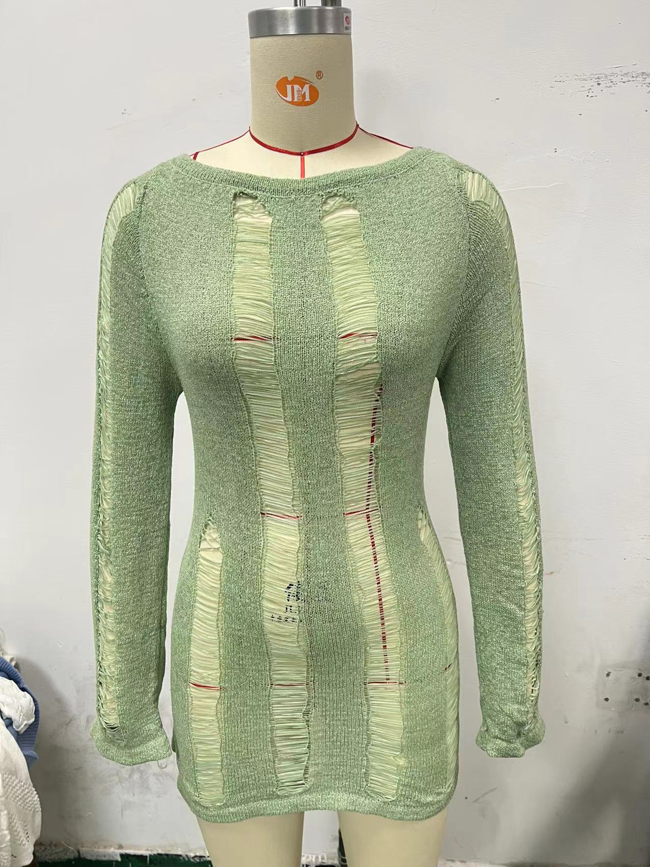 Long Sleeve Hollow-out Backless Dress Sexy Tight Hollowed-out Sheath Woolen Spring and Summer New European and American Women's Clothing Dress