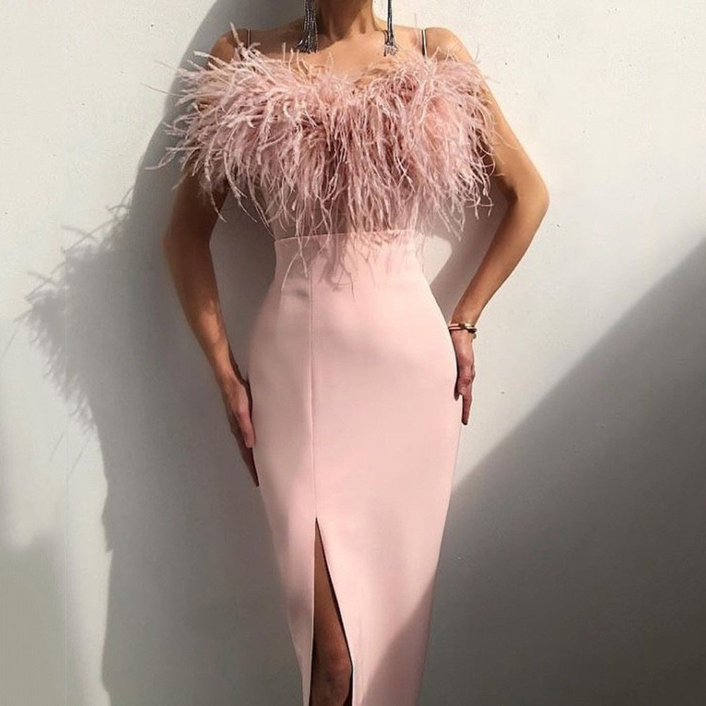 2025 New new spring and summer 2025 women's clothing suspender feather dress banquet slim temperament slim arm dress