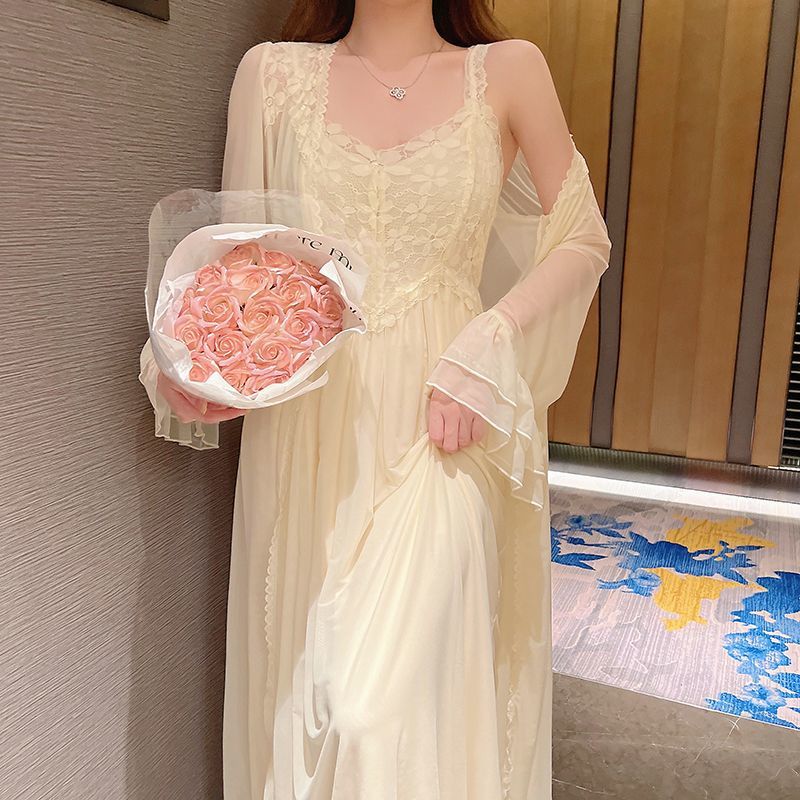 2025 High sense Internet celebrity wind suspender nightgown autumn pure desire wind nightgown mesh sexy two-piece set sexy pajamas female summer