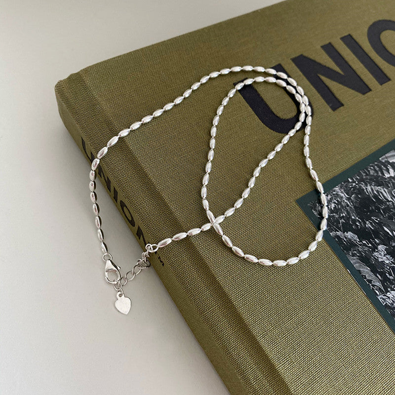 S925 Sterling Silver Rice Grain Olive Beads Necklace Choker Women's Simple Ins Personality Twin High Sense Ball Clavicle Chain