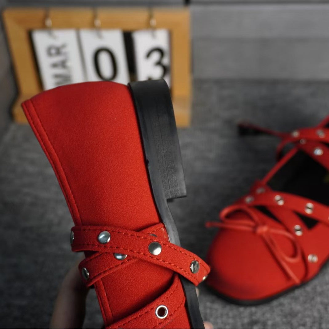 2025 Sheepskin version~ red bow small single shoes women's 2025 spring and summer leather retro shallow mouth rivet ballet flats