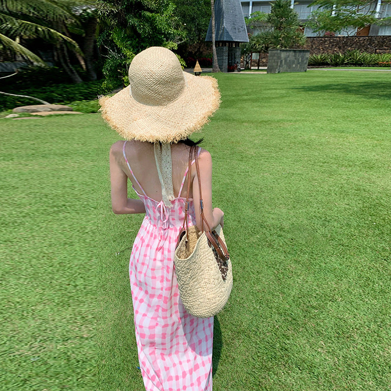 2025 Thailand travel wear beach dress seaside vacation pink plaid suspender dress female sexy backless long skirt