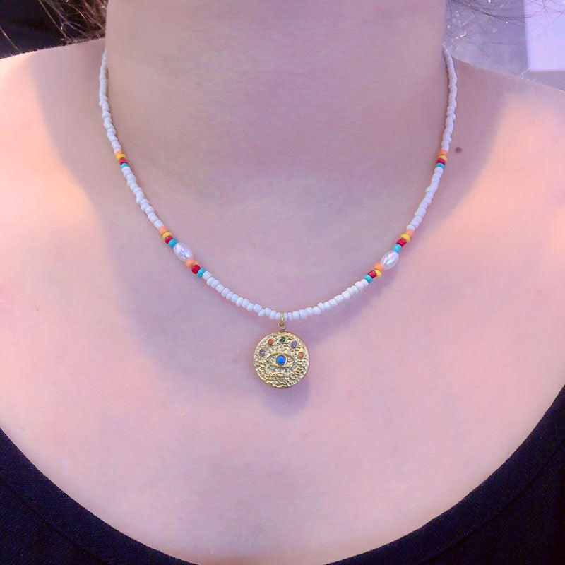 Cross-Border European and American Twin Natural Shell Pearl Necklace Diamond Turquoise Titanium Steel Pendant Color Necklace Female Accessories