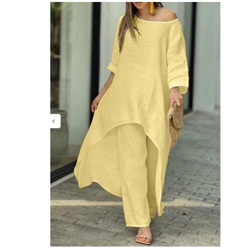 European and American New Women's Clothing Cotton and Linen Fashion Casual plus Size Irregular Long Sleeve Suit Wide Leg Pants Two-Piece Set