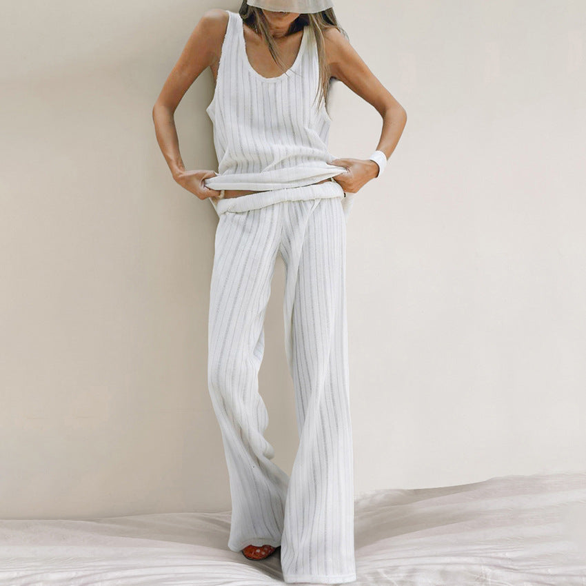 VAKKV 2025 Popular, and new knitted hollow casual vest, trousers, comfortable pajamas, simple women's loungewear