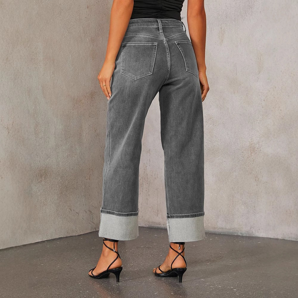 VAKKV cross-border 2025 spring new stretch straight jeans women's quality retro curled high-waisted trousers