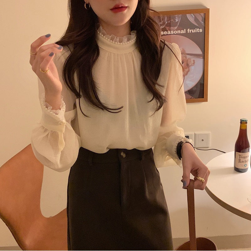 2025 elegant delicate pearl lace semi-turtleneck thin micro-transparent bubble sleeve top