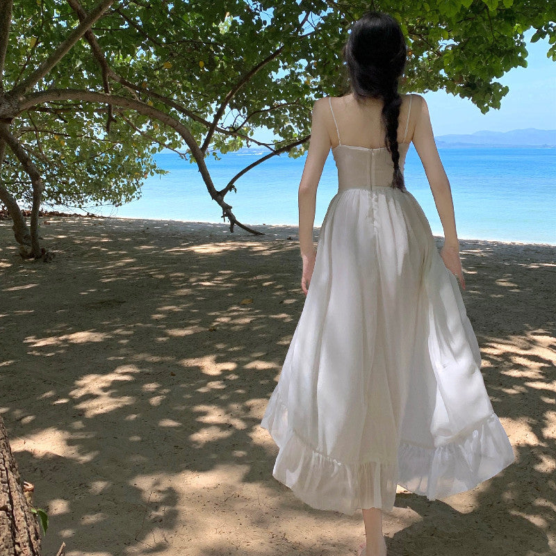 2025 Lotus leaf edge sexy halter split fairy dress summer super fairy white long suspender skirt seaside vacation dress