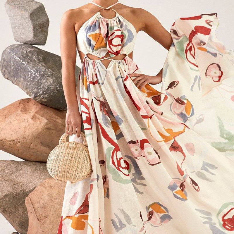 VAKKV Spring and Summer New Women's Clothing European and American New Slim Fit Large Swing Sexy Spaghetti-Strap Floral Print Long Dress Beach Dress Dress