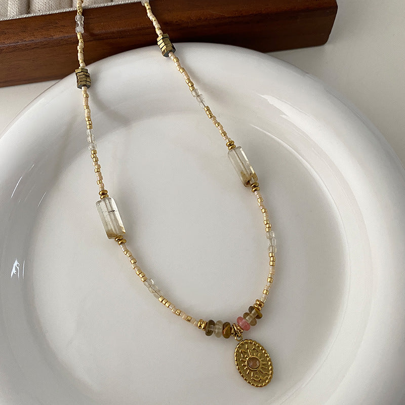 Sunstone Necklace High-Rise Sweater Chain Accessories Women's All-Match Mid-Ancient Simple Twin High-Grade Crystal Necklace