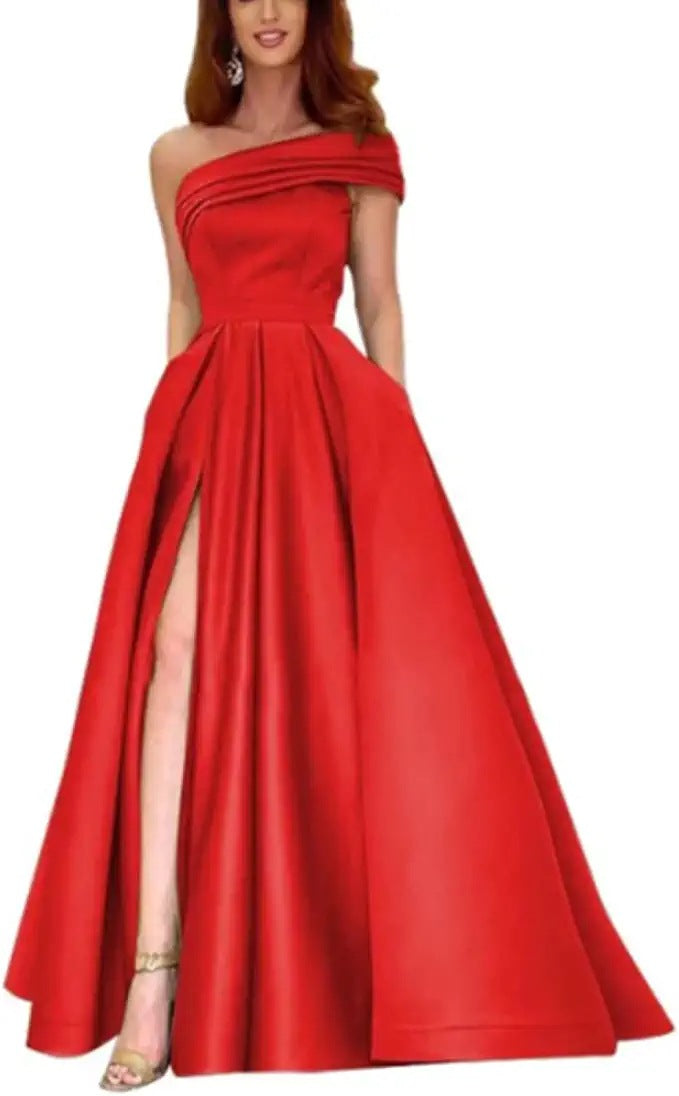 VAKKV Foreign Trade One Shoulder Satin Dress Evening Dress Birthday Banquet Pettiskirt Green High Slit Sexy Jumpsuit