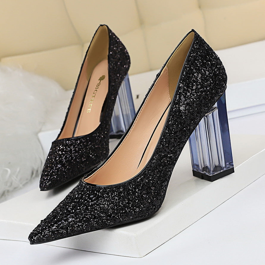 2025 9217-1 fashion transparent crystal heel thick heel high heel light mouth pointed head sexy nightclub shining sequined single shoes