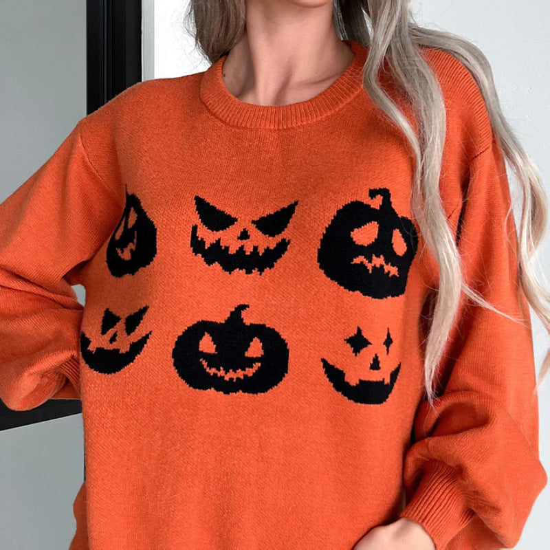 popular New Cross-border Halloween Knitted Top Women's Crew Neck Long Sleeve Fashion Versatile Jacquard Sweater Women