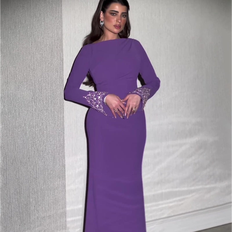 VAKKV Cross-Border European and American Autumn New Solid Color Long Sleeve Dress Handmade Rhinestone Temperament Long Dress