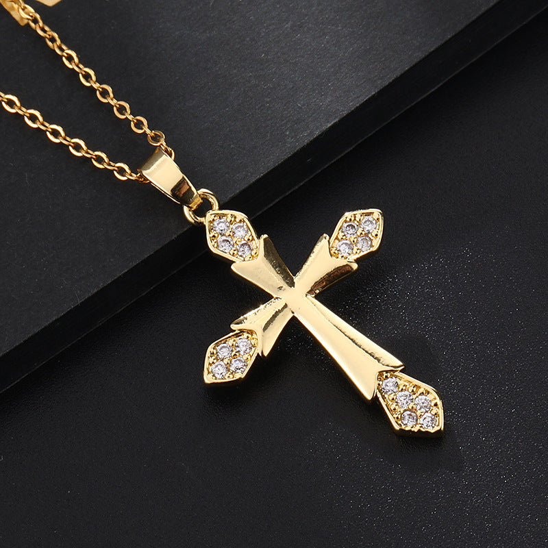 INS Vintage Gold Cross Necklace Personalized Pendant Zircon European and American Style Necklace Special-Interest Design Titanium Steel Clavicle Chain