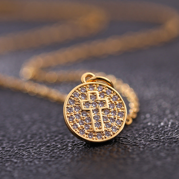 INS Vintage Gold Cross Necklace Personalized Pendant Zircon European and American Style Necklace Special-Interest Design Titanium Steel Clavicle Chain