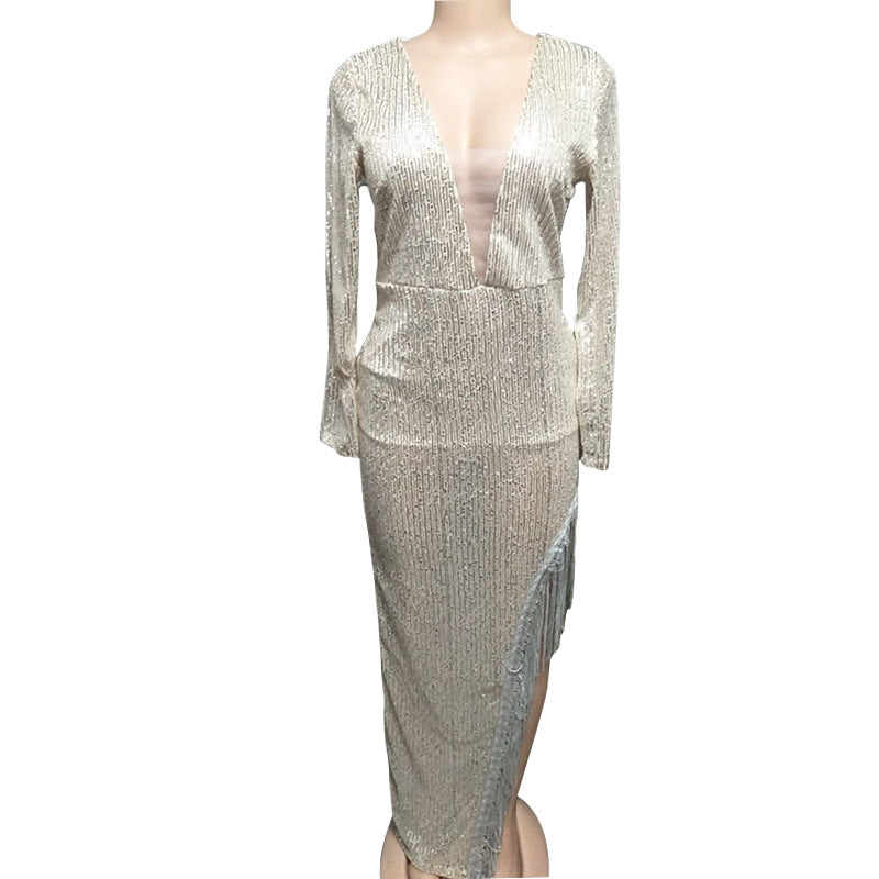 VAKKV Dress Skirt Tassel Sequin Waist Deep V Long Sleeve Side Slit Sexy Asymmetric Dress Women