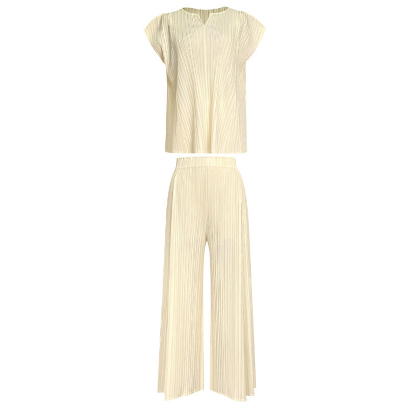 new summer women's clothing V-neck top fashion loose and thin wide-leg pants fashion suit casual two-piece set