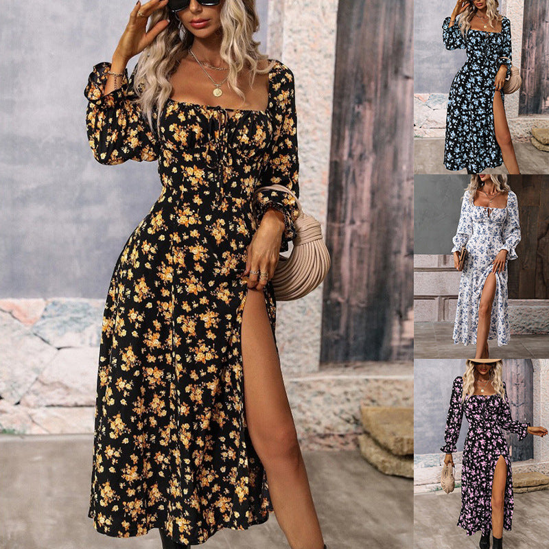 Cross-Border Foreign Trade European and American Women's Clothing Spring Independent Station Printing Long Sleeve Square-Neck Bottom Slit Dress