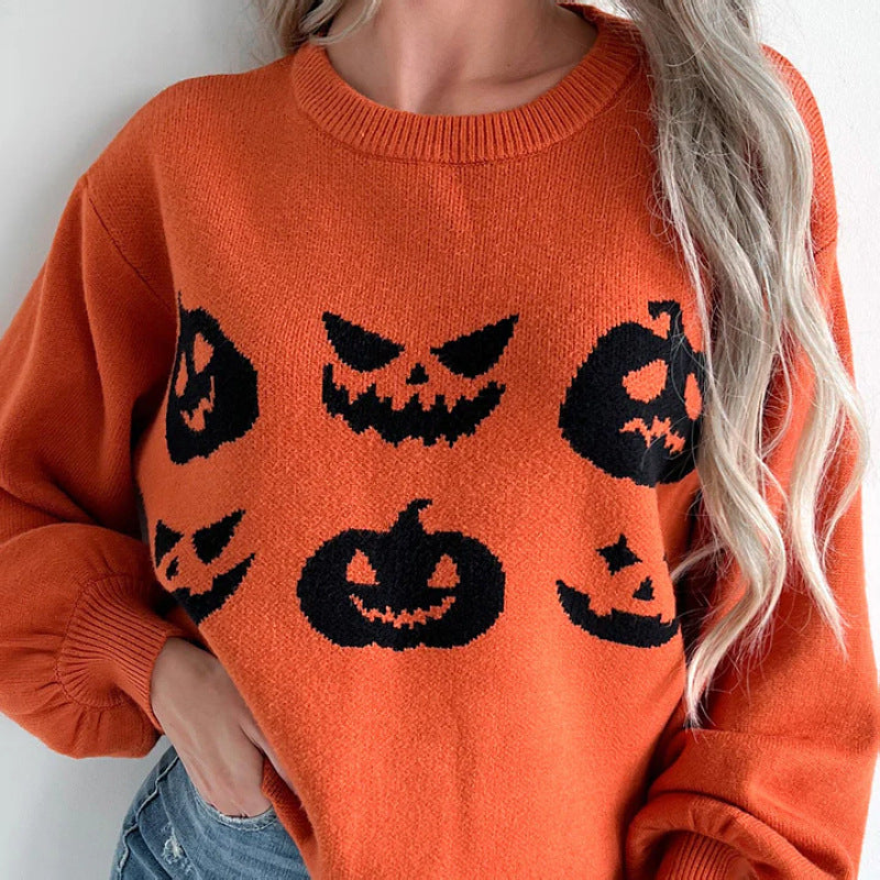 popular New Cross-border Halloween Knitted Top Women's Crew Neck Long Sleeve Fashion Versatile Jacquard Sweater Women