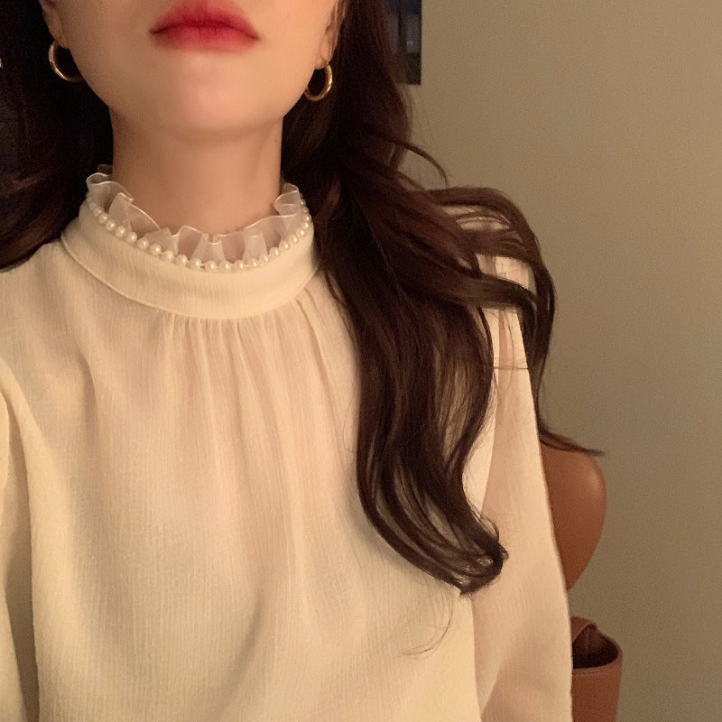 2025 elegant delicate pearl lace semi-turtleneck thin micro-transparent bubble sleeve top