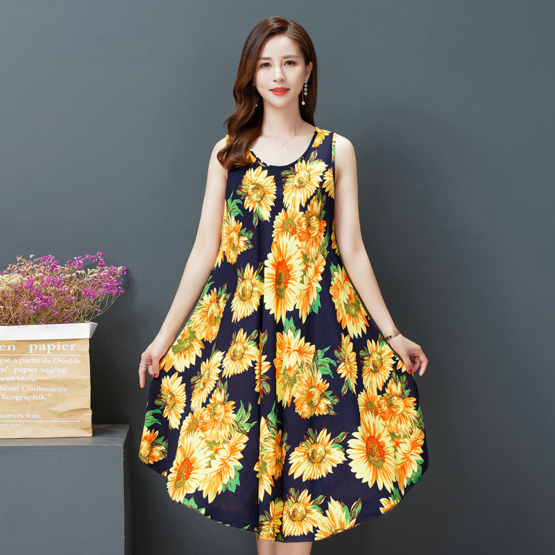 Large Size Bourette Vest Dress Summer New Ethnic Style Women's Clothing Artistic Retro Printing Sleeveless Swing Long Dress