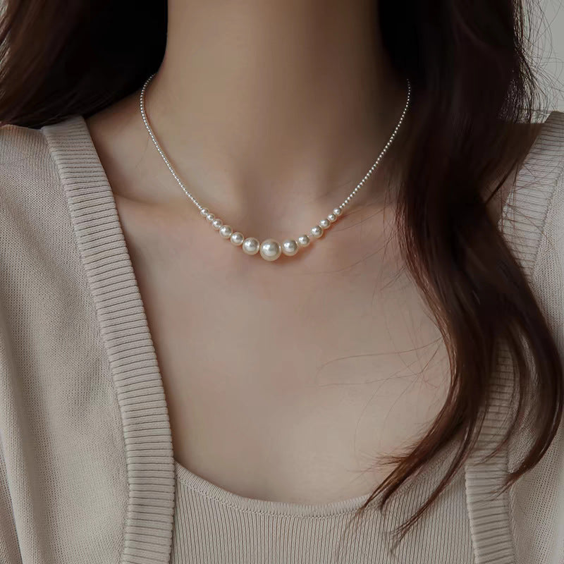 Shijia Baby Pearl Gradient Clavicle Chain Small Pieces of Silver Necklace Female Special-Interest Design Light Luxury Necklace Fashion Sweater Chain