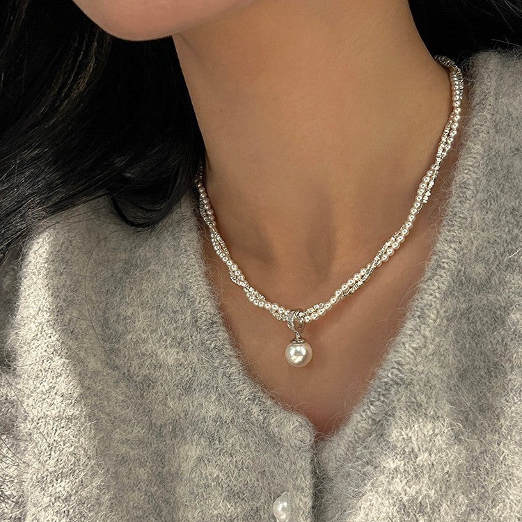 vakkv Shijia Light Luxury Minority Twin S925 Sterling Silver Small Pieces of Silver Pearl Necklace for Women Summer New Necklace Clavicle Chain