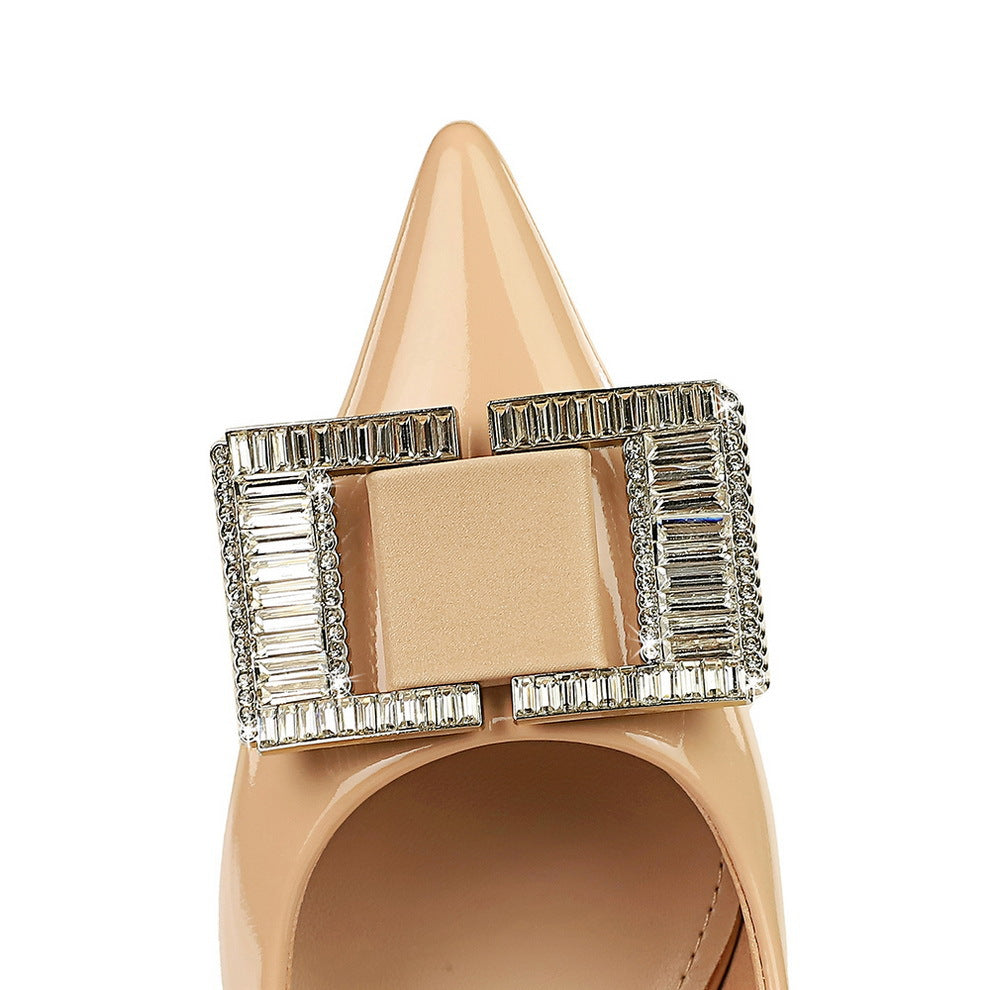 2025 1961-K71 style fashion banquet spring and autumn women's shoes middle heel patent leather shallow mouth pointed metal rhinestone buckle single shoes