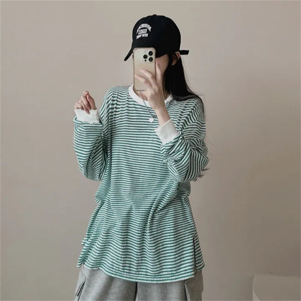 VAKKV Manufacturer's reversion Korean version of round neck striped sweater women's spring and autumn loose design sense versatile thin jacket trendy brand velvet
