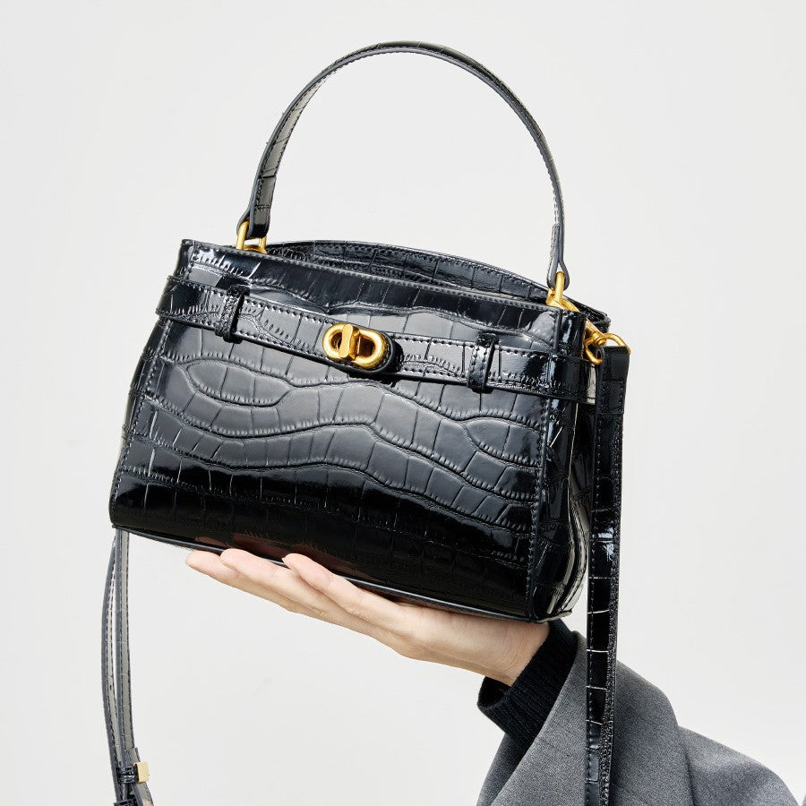 2025 new leather portable Kelly bag crocodile pattern texture commuter shoulder women's bag lock small square bag
