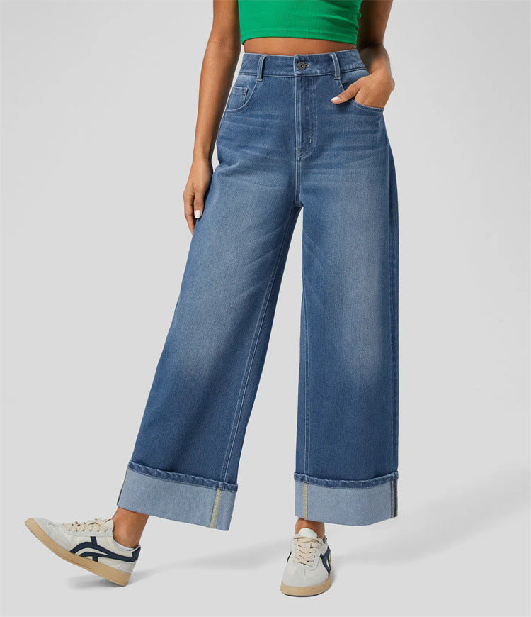 VAKKV 2025 Spring New 2025 Cross-border Fashion High Waist Pants Curled Straight Jeans Women's Casual Wide Leg Pants