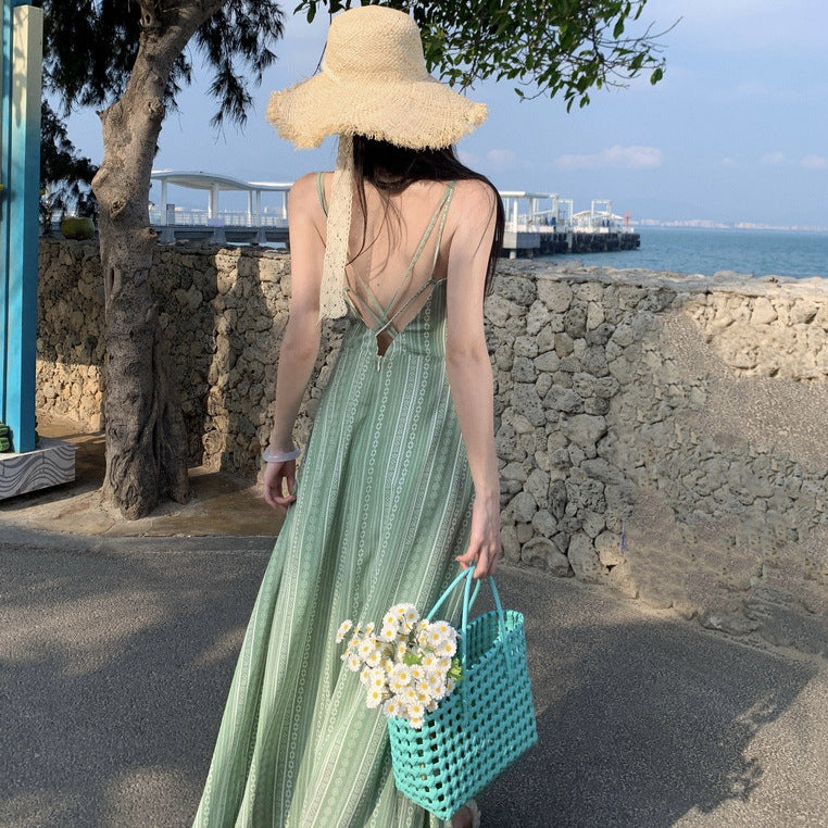 2025 Seaside photo clothes super fairy light green print suspender dress Yunnan seaside vacation backless slim dress