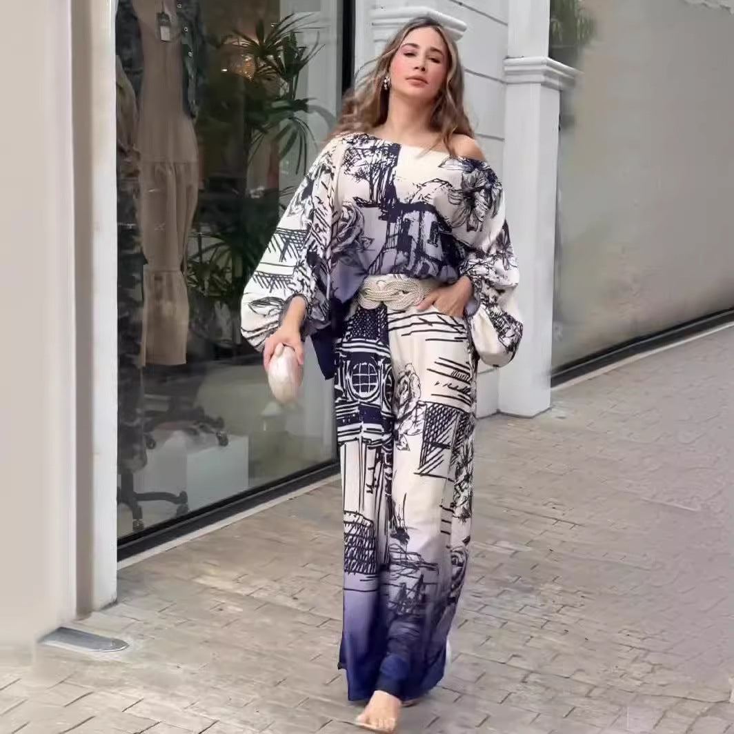 VAKKV Cross-Border Independent Station European and American New Print Fashion Long Sleeve Batwing Shirt Wide Leg Pants Suit Belt Delivery