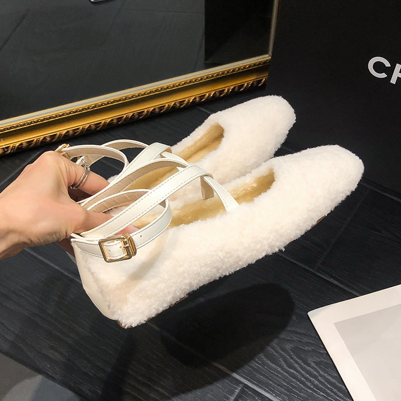 2025 Grape mother same cute lamb wool warm cross buckle inner height increase ballet plush wool shoes women's winter