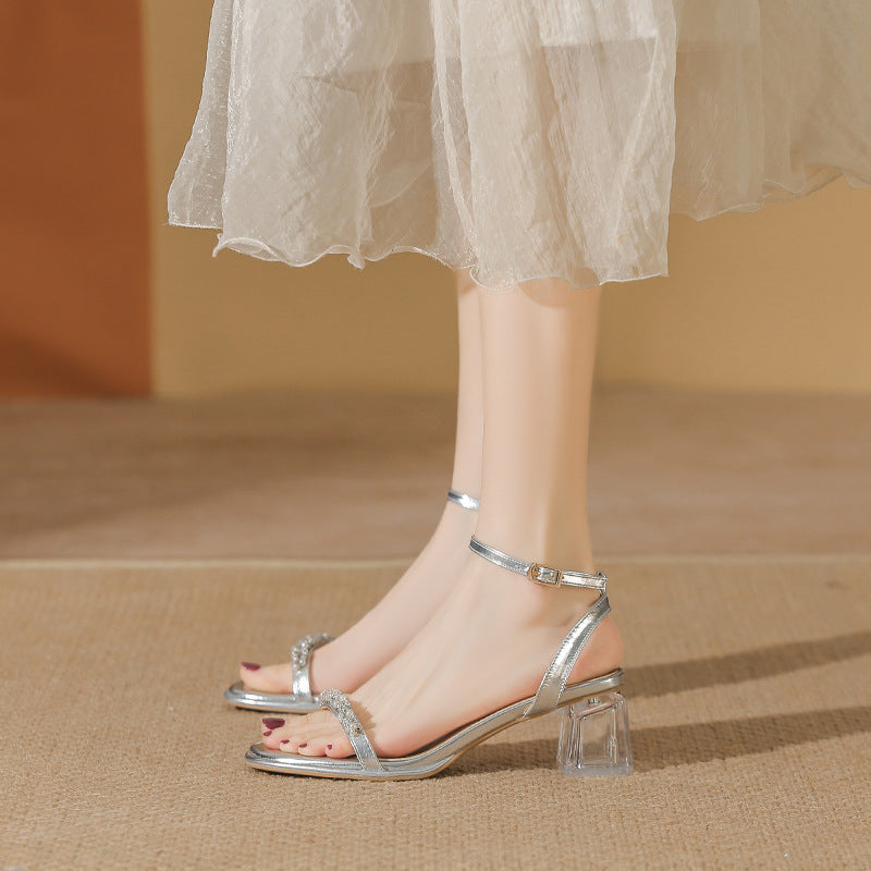 Women's Chunky Heel Sandals Summer New Style Middle Heel Rhinestone High-Grade Silver One-Strap Beautiful High Heels