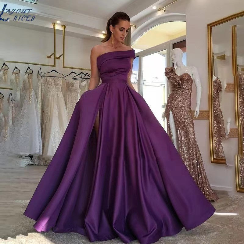 VAKKV Foreign Trade One Shoulder Satin Dress Evening Dress Birthday Banquet Pettiskirt Green High Slit Sexy Jumpsuit