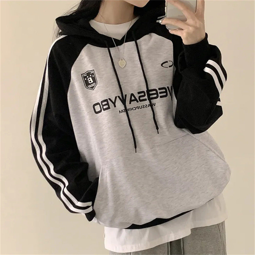 VAKKV Manufacturer 2025n retro Korean version hooded sweater jacket women's spring and autumn oversize thin splicing velvet top
