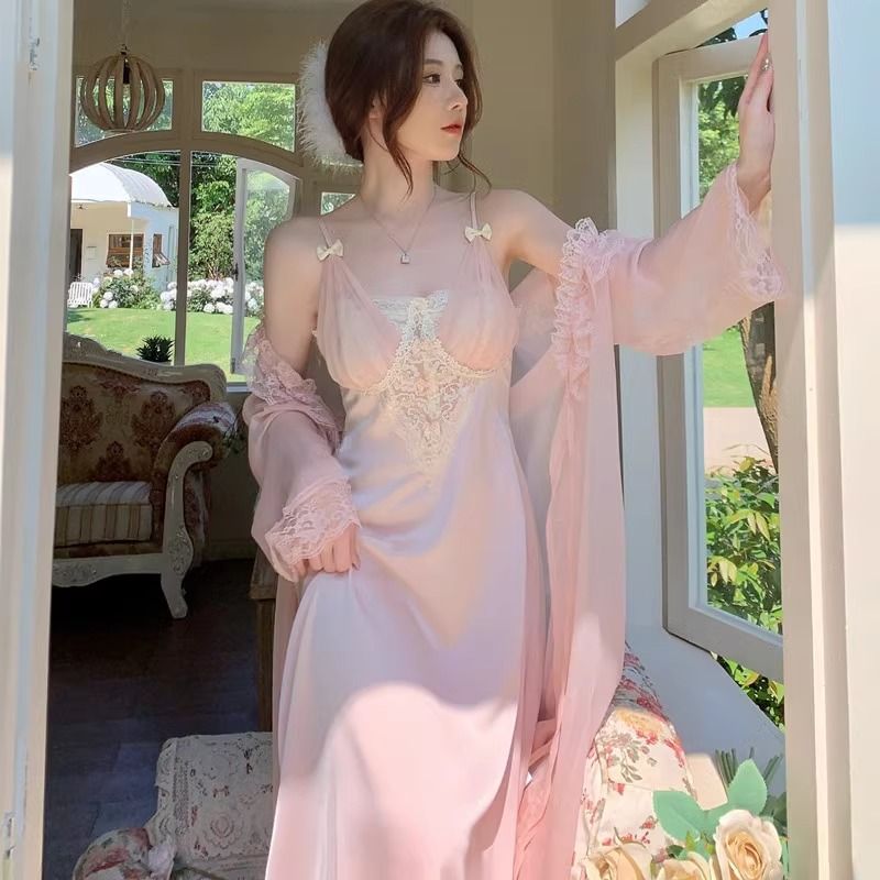 2025 morning robe women's wedding pajamas red natal year long pure desire wind suspender nightdress with chest pad two-piece set tide