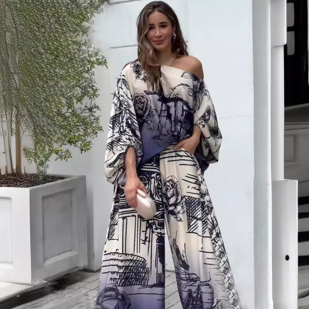 VAKKV Cross-Border Independent Station European and American New Print Fashion Long Sleeve Batwing Shirt Wide Leg Pants Suit Belt Delivery