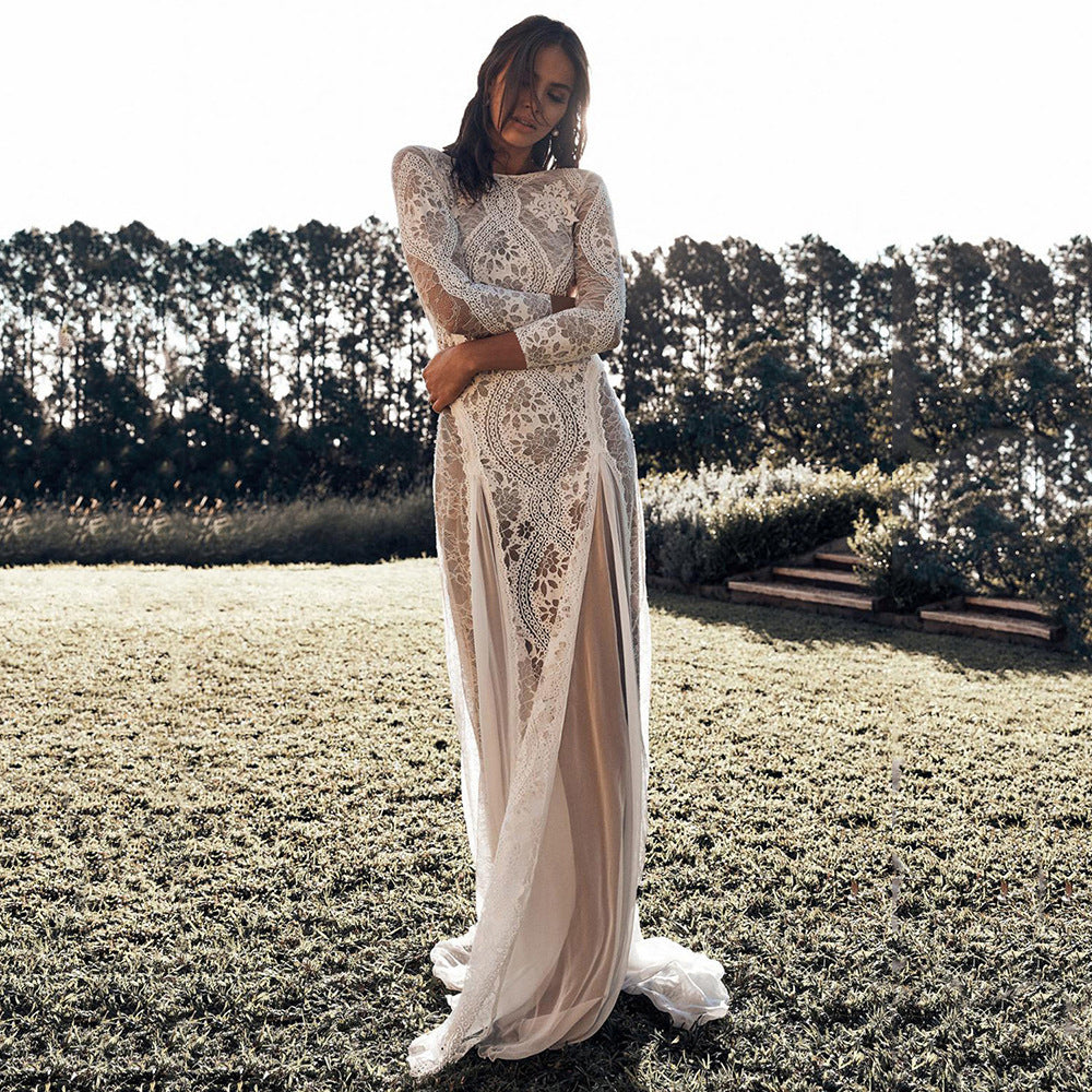 VAKKV Spring New European and American Women's Clothing Dress round Neck Long Sleeve Hollow Backless Lace Ladies Banquet Wedding Dress