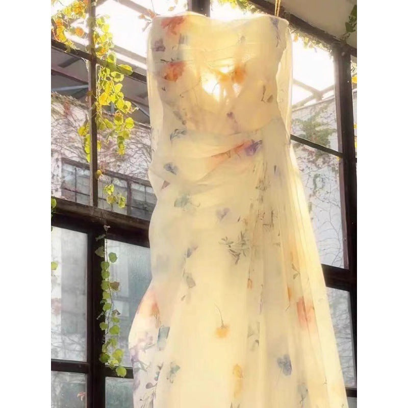 French retro floral slip dress women's spring 2024 new slim and thin design sweet and spicy long skirt