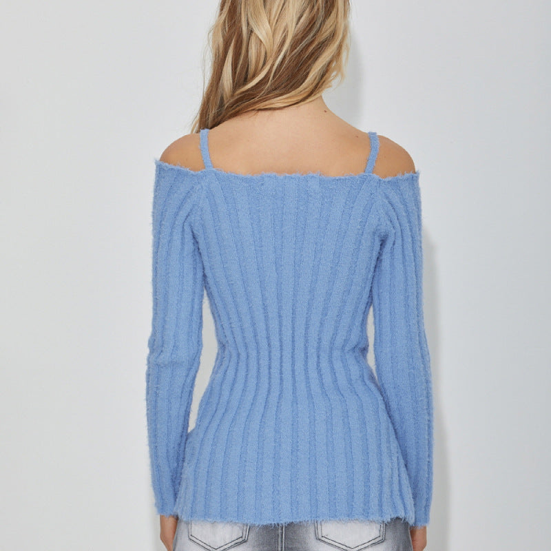 New knitted top women's clothing sexy hollow lace-up one-word neck sweater lazy wind cardigan women